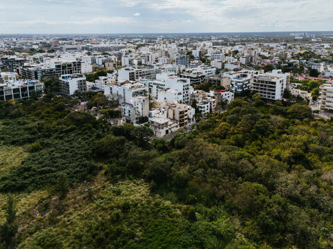 Aerial view of urban neighborhood next to dense green vegetation
