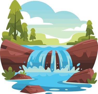 A river waterfall with cascading water and rocks in a natural landscape vector on white background.