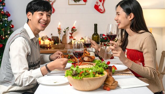 Cheerful couple sharing a holiday dinner with wine and roasted poultry in a warm, festive setting