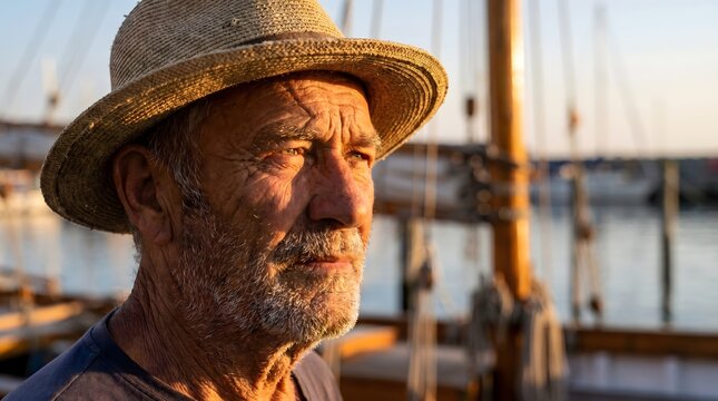 Close portrait of old fisherman's weathered face with deeply lined skin, white stubble beard, faded straw hat, intense eyes looking slightly off-camera, warm golden afternoon sidelight creating strong