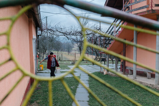 Woman carrying feed through rural yard