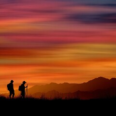 Fototapeta premium Hikers in silhouette watch colorful sunset over rolling mountain silhouette.