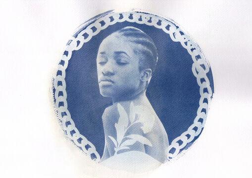 Portrait in cyanotype with floral chain border
