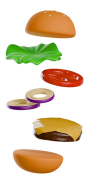 3d exploded hamburger ingredients with sesame bun, cheese, beef, lettuce, tomato, and onion on transparent background.