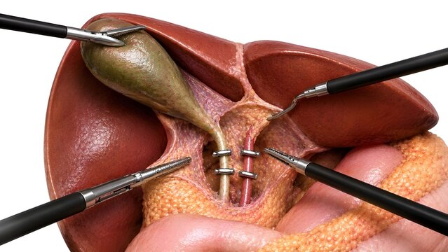 Medical illustration of laparoscopic cholecystectomy demonstrating the Critical View of Safety during minimally invasive gallbladder surgery. 