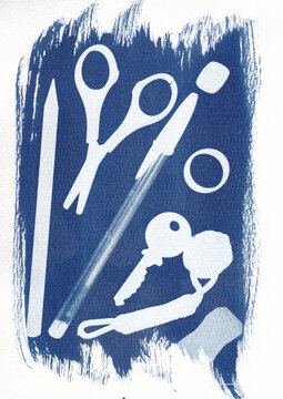 Cyanotype printing with stationery and everyday objects