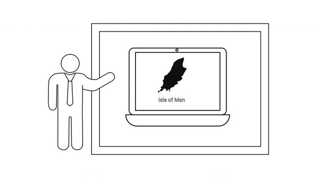 Man presenting Isle of Man map on laptop screen.