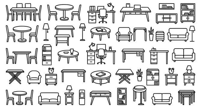 Creative table outline vector icon set with minimalist furniture symbols