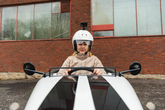 Woman Driving Custom Hot Rod with Action Camera