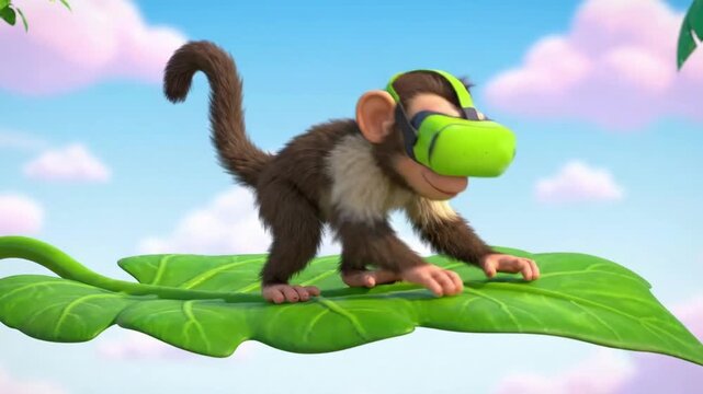 Cartoon monkey wearing green VR headset rides on giant leaf