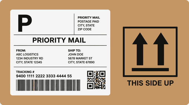 Detailed illustration of a priority mail shipping label with tracking barcode and QR code on a brown cardboard box, indicating 'This Side Up' for safe package handling