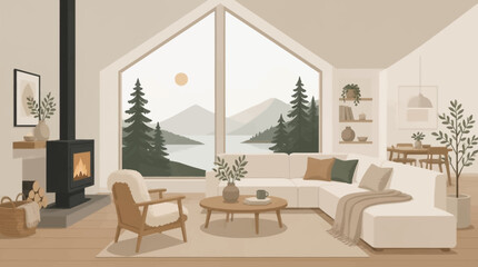 Fototapeta premium Cozy Modern Living Room Illustration with Fireplace, Overlooking a Serene Lake and Lush Mountain Landscape Through Large Windows