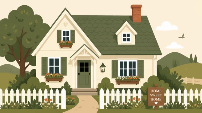 Charming Countryside Cottage with White Picket Fence and 'Home Sweet Home' Sign