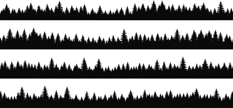 Seamless pine forest silhouette borders set with conifer tree outlines for nature landscape backgrounds and graphic design elements.