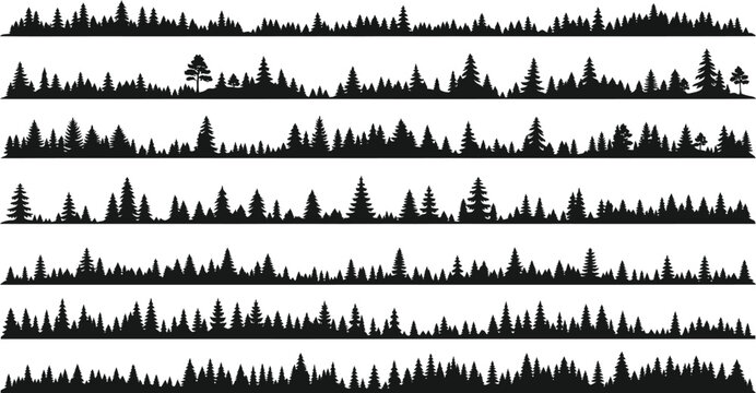 Set of black coniferous forest treeline silhouettes with pine and spruce trees for landscape borders and nature backgrounds vector illustration