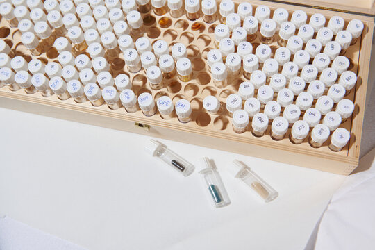 Numbered Sample Vials in Wooden Box