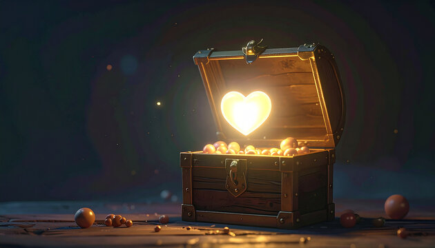 Treasure chest with glowing heart and gold coins on floor