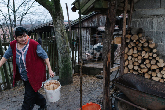 Woman carrying feed bucket through rural farmyard