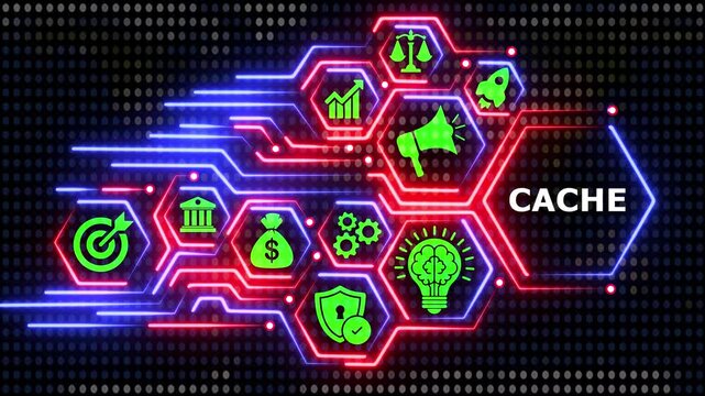 Business cache concept with neon icons on futuristic screen.