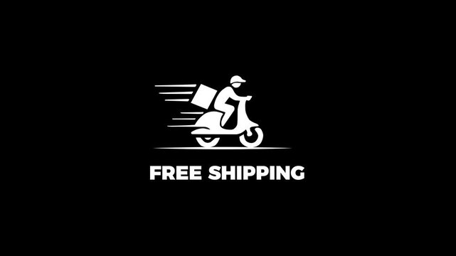 Free shipping and delivery boy riding scooter animation on black background