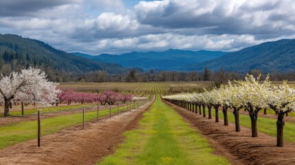 Obraz premium Scenic Spring Blossom View in Fruit Orchard with Mountains and Clouds in Background