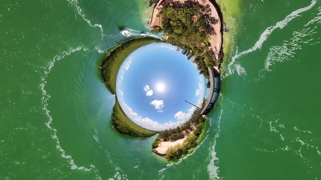 360 tiny planet drone view over Laguna Nichupt&eacute; in Cancun, showing yachts on turquoise water, mangroves, a bridge, road traffic, blue sky, and sunny midday light.