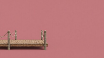 Naklejka premium Wooden dock with rope railings against a solid pink background, minimalist design.