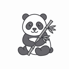Cute minimalist panda bear holding a single bamboo stalk. © aflahul rozi