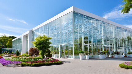 Obraz premium Modern Glass Greenhouse Surrounded by Vibrant Flowers and Lush Plants Under Clear Blue Sky