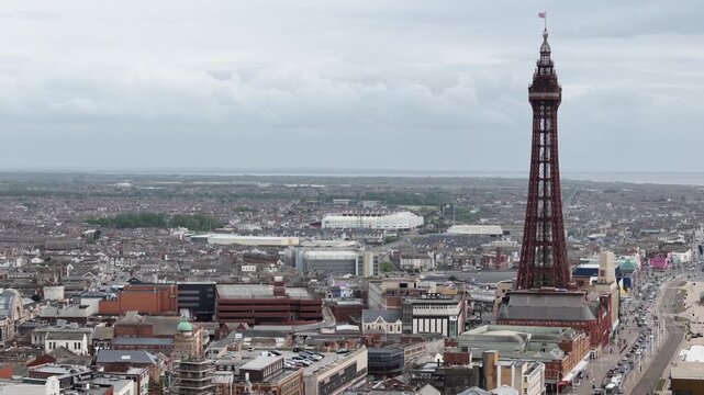 Long shot Blackpool Tower UK Panning drone aerial