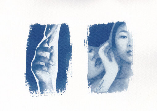 Connecting hands and face cyanotype portrait