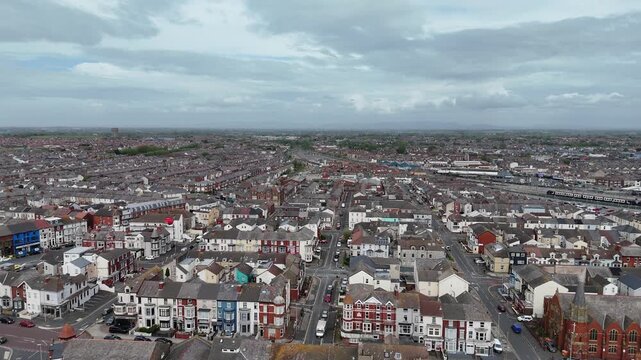Residential neighbourhoods in Blackpool Lancashire aerial drone footage