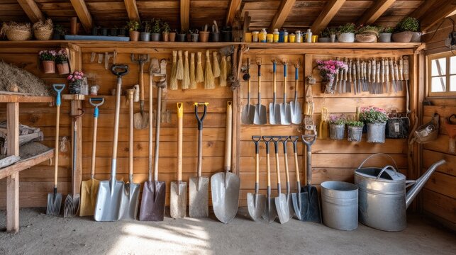 Rustic wooden shed interior showcasing an array of gardening tools and pots arranged neatly on wall shelves