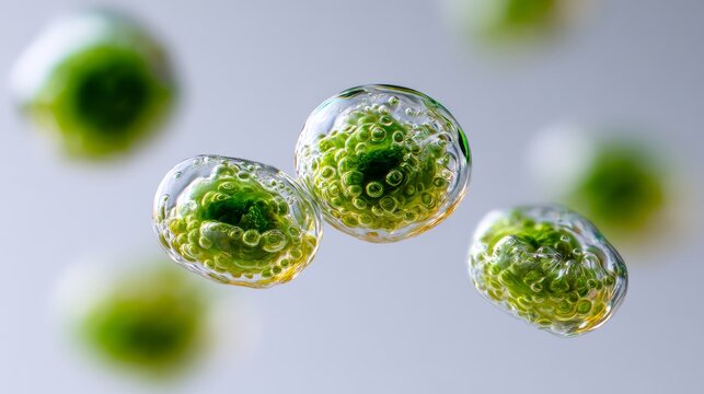 a few green, caviar-shaped micro prints, floating in water on a white background