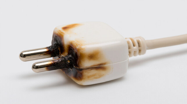 Damaged white power electrical supply plug with black scorch burn marks
