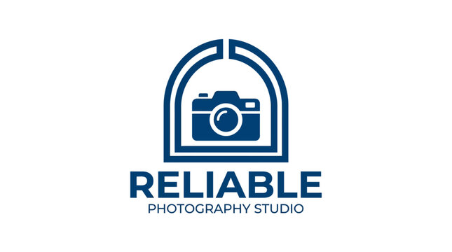 Modern vector logo for photography studio with camera icon inside arch