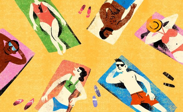 Top View Beach Scene with People Sunbathing on Towels