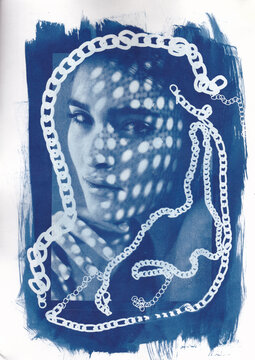 Woman face in cyanotype with chain drawing