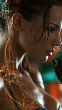 Gorgeous woman relaxing and inhaling the aroma of freshly brewed black coffee surrounded by delicate floating golden fiber optic light paths.