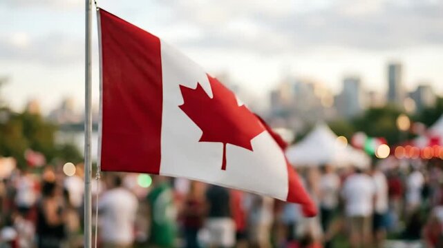 Vivid Canadian Flag Flapping in the Wind Amidst a Crowd at an Outdoor Event