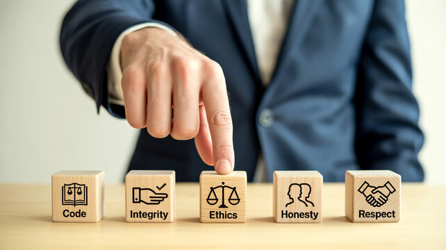 Businessman selecting ethics block from values set on wooden cubes