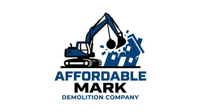 Demolition excavator with wrecking ball destroying house, construction concept, vector illustration