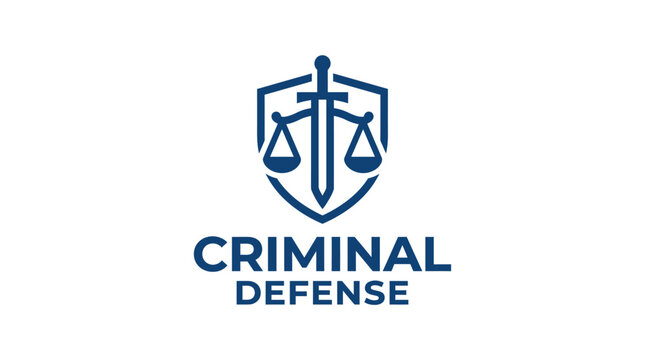 Legal emblem with sword and scales of justice on shield, criminal defense concept, vector graphic
