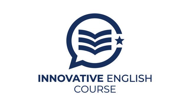 Logo for innovative English course featuring an open book inside a speech bubble graphic element