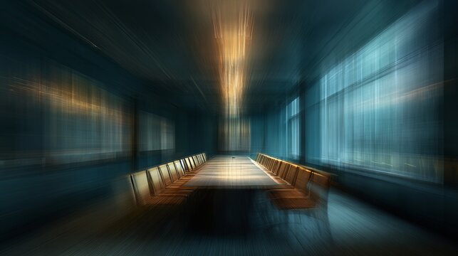 Abstract digital artwork using fluid light and motion to subtly evoke a boardroom 