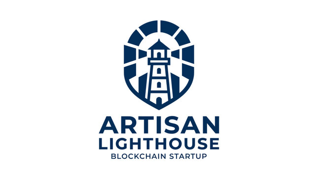Vector logo design featuring a lighthouse emblem with geometric shield and text for blockchain startup.