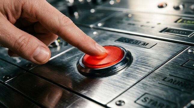 Close-up of a finger pressing a large red button on a metallic control panel for system launch or emergency stop.