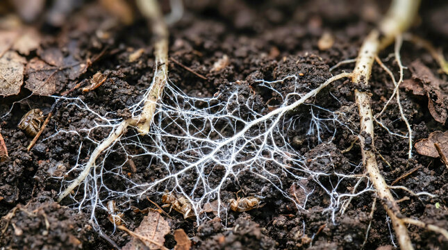 White mycelium fungus web spreading through soil decomposition process with organic matter