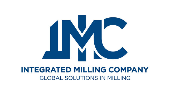 Modern blue IMC logo with company name and slogan on white background, abstract graphic element.