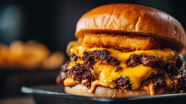 a big SMASH burger with double smashed beef patties, thin smashed meat with lots of melted cheese oozing, crispy edges